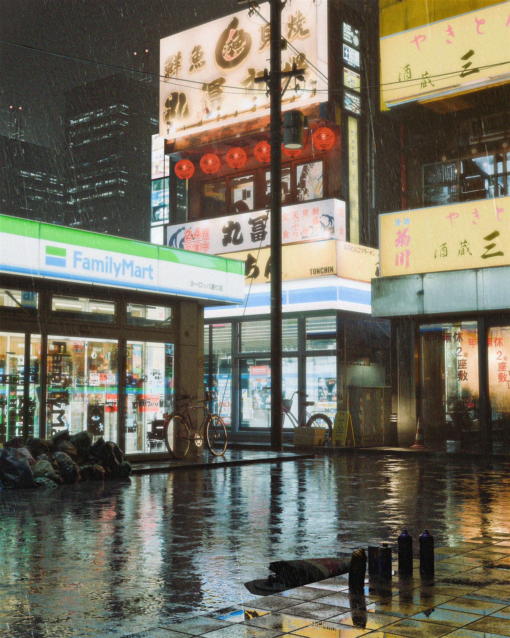 Rainy Tokyo backstreet — finished portrait render