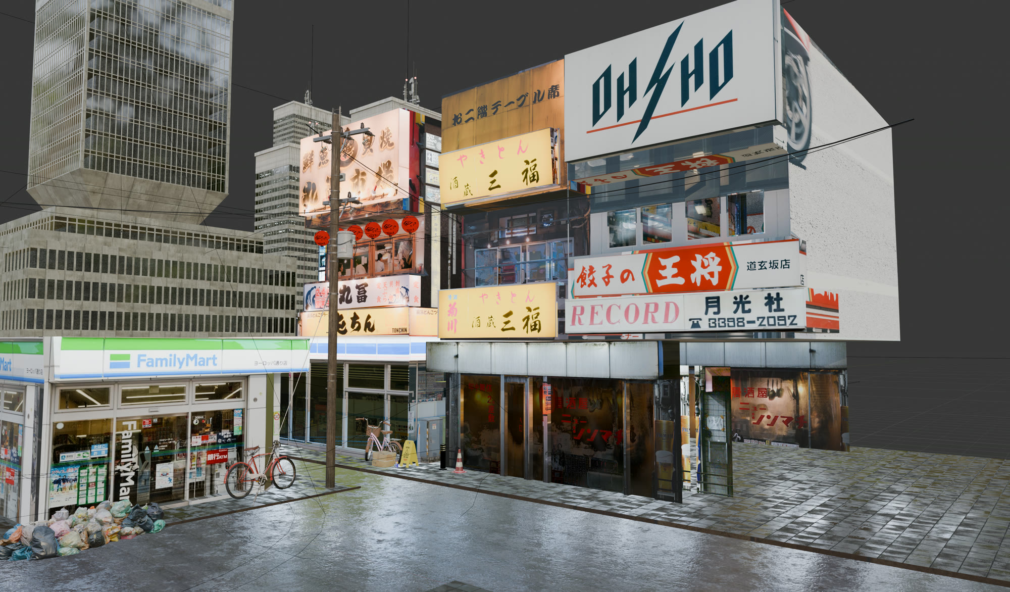 Blender viewport render of the assembled street from the camera angle
