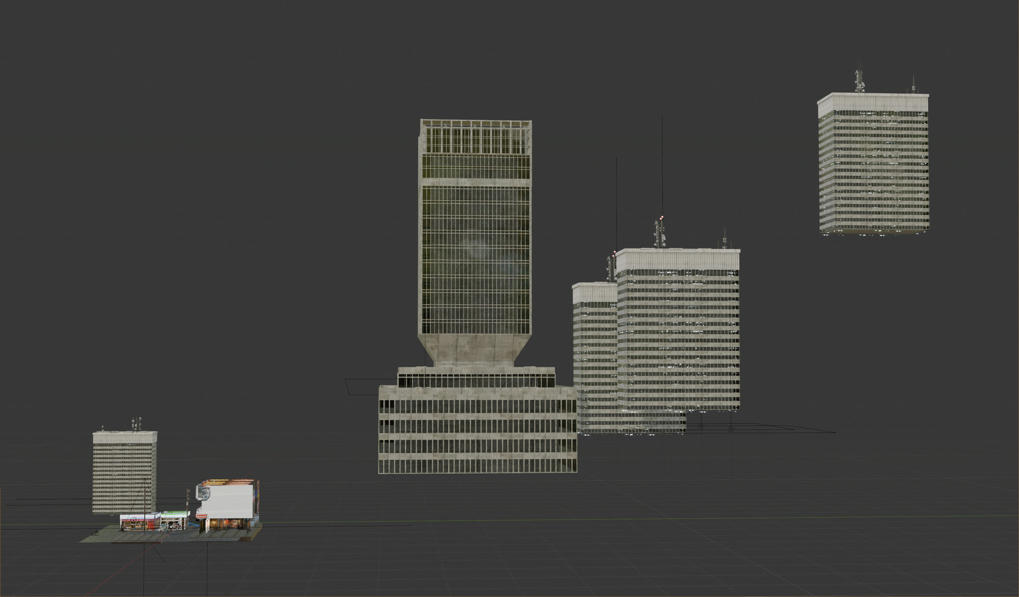 Blender viewport from the side — background towers are separated building blocks pushed far back
