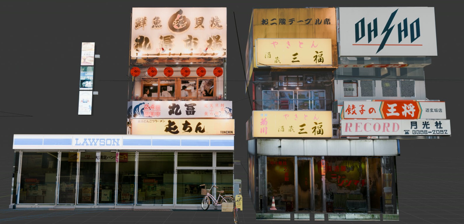 Blender viewport — shopfronts textured with projected reference