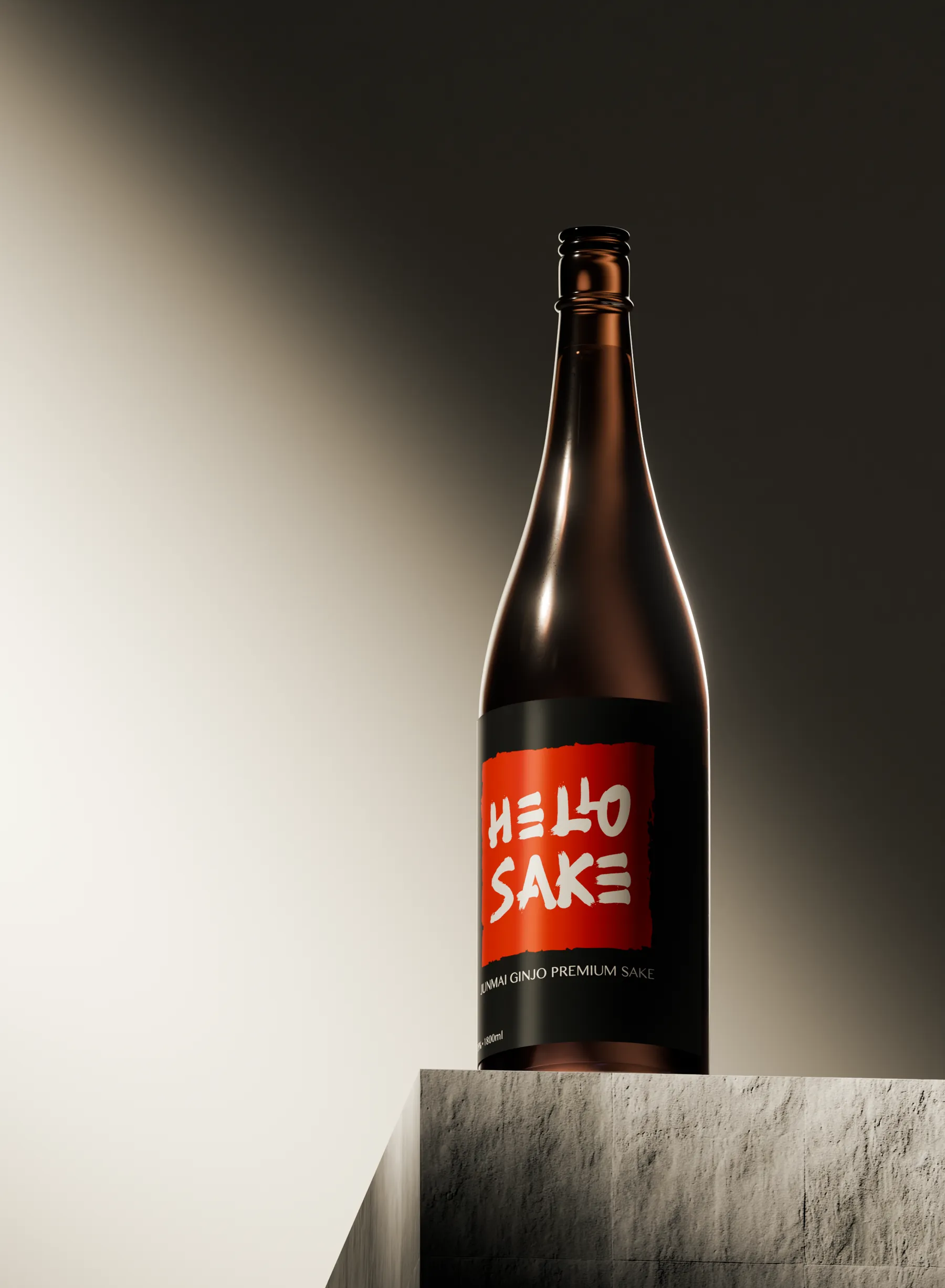 Hello Sake bottle standing on a concrete plinth against a split light background