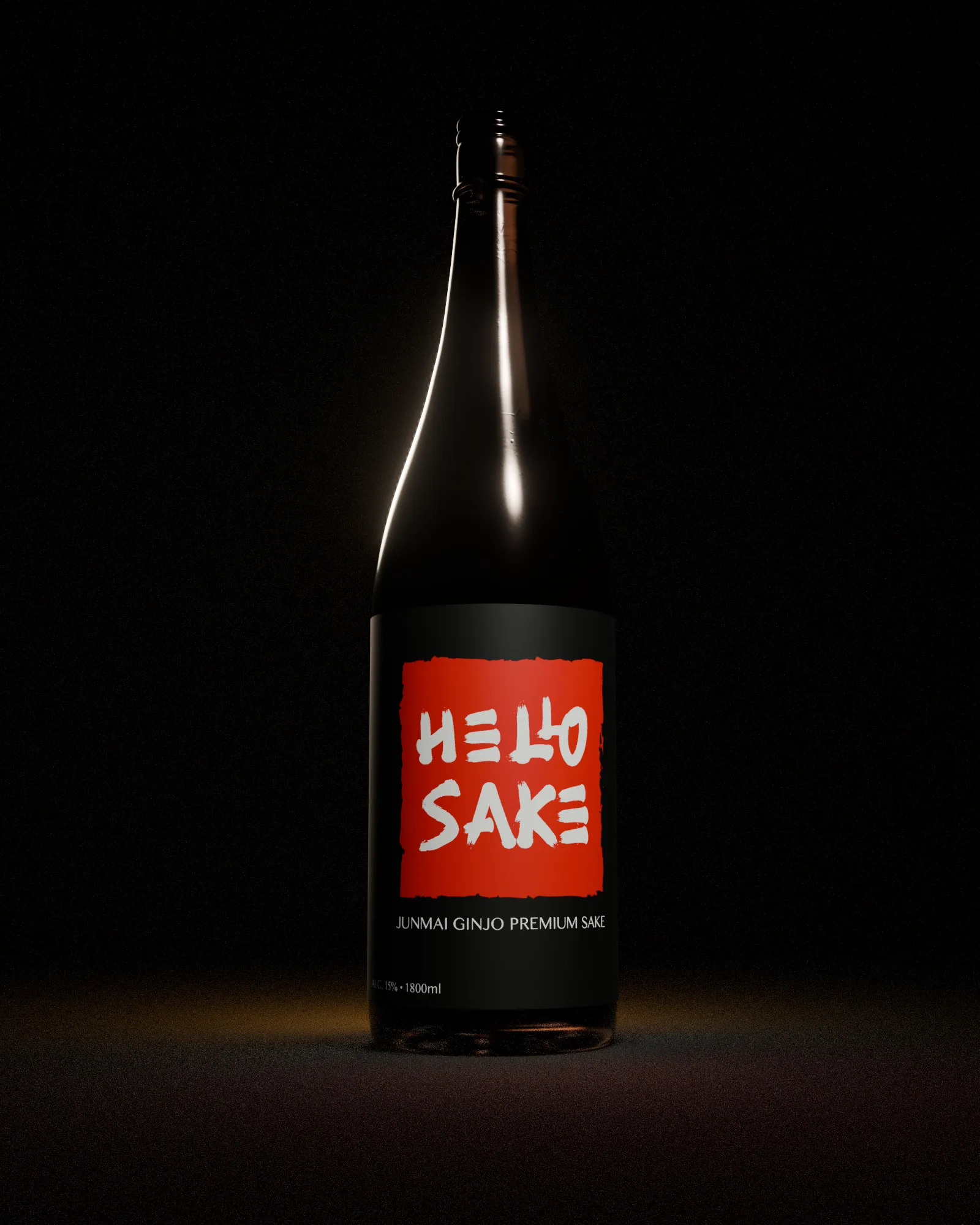 Low-key render — the bottle rim-lit in near darkness