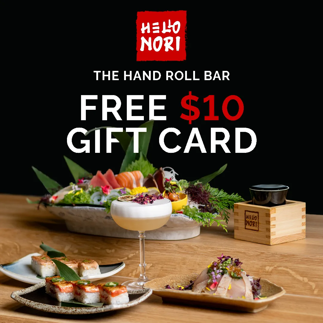 Instagram ad — Free $10 gift card headline over a spread of hand rolls and sashimi